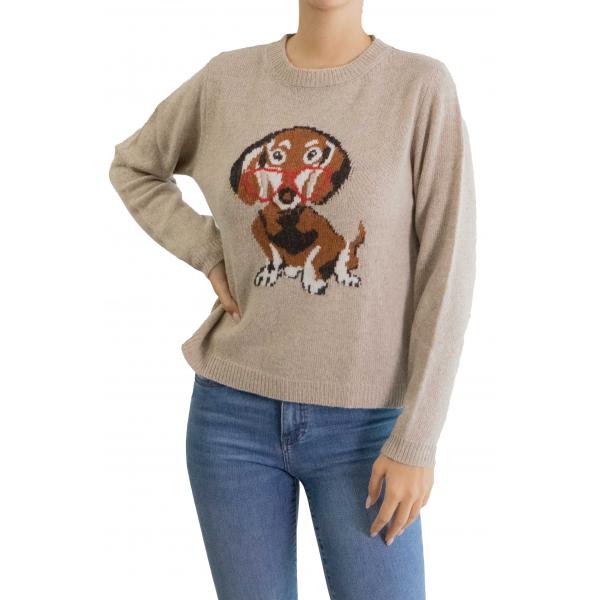 Maglia girocollo tinta unita con bassotto